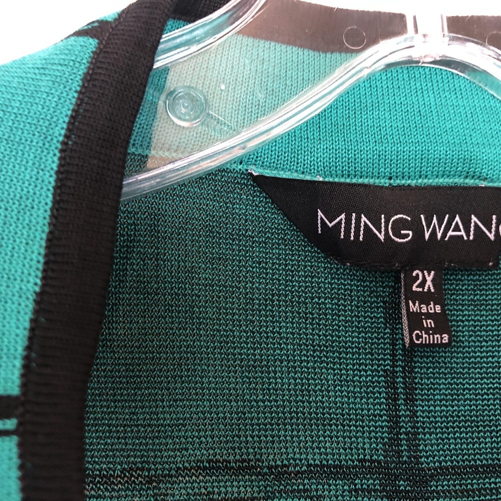 Ming Wang Cardigan Sweater Womens 2X Green Black Grid Check Knit Open Front - Picture 5 of 12